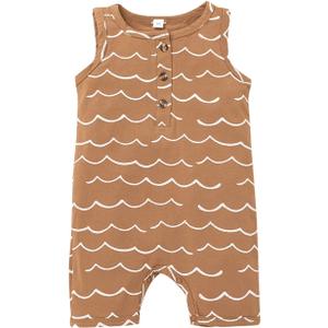 Newborn Infant Baby Boy Girl Button Wave Printed Solid Color Romper Bodysuit Casual Boxer Jumpsuit Outfits Clothes (60/0-3M, Brown)