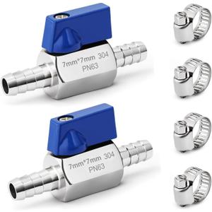 2 Pack 1/4" Hose ID Barb Mini Ball Valve, Stainless Steel Small Shut Off Valve with Clamps Kit for Water Oil Gas (1/4 Inch)