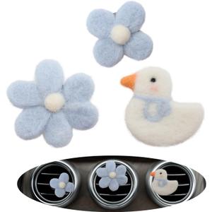 Cute Car Accessories,Duck Flower Air Vent Clips,Handmade Wool Felt Aroma Diffuser,Refillable Girly Car Air Freshener,3pcs White Blue Car Decor