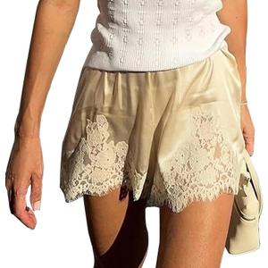 ABYOVRT Women Satin Lace Shorts Silky Pajama Lounge Shorts Elastic Waist Chic Sleepwear Bottoms (Beige, M)