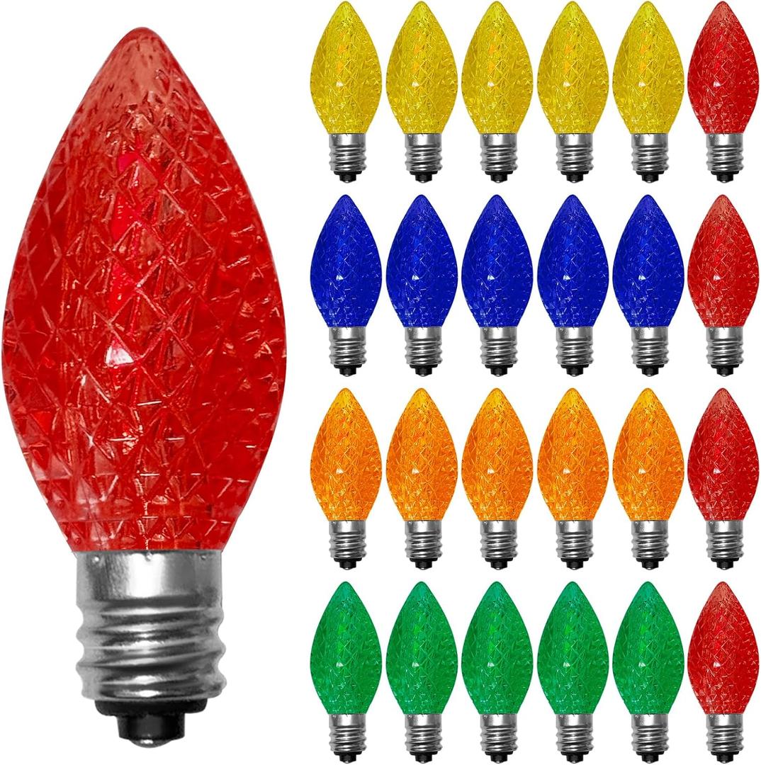 25 Pack C7 LED Multicolor Christmas Light Bulbs, E12 Candelabra Base Bulbs, Shatterproof C7 Multicolor Replacement Light Bulbs for Outdoor Christmas String Lights, Window Candles, Night Light, Patio