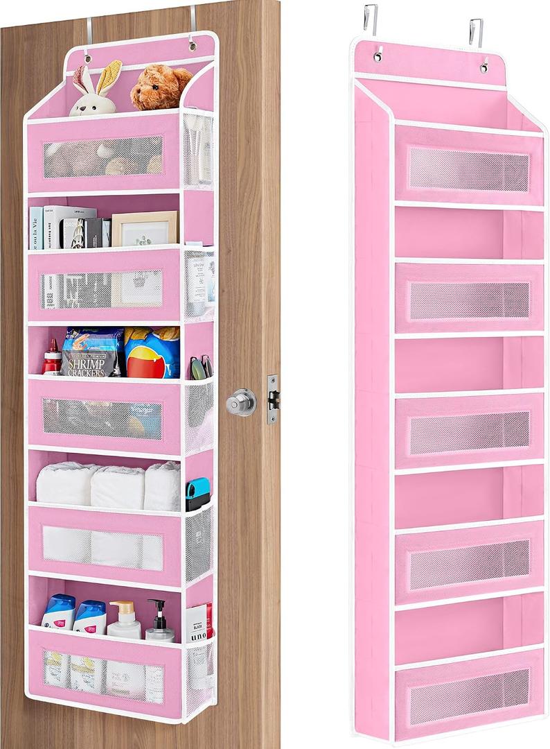 JARLINK Over The Door Organizer Storage, 5 Shelf Hanging Door Organizer with 5 Large Capacity Pockets, Anti Tilt 44 lb Load Behind Door Storage for Bedroom, Bathroom, Pantry, Nursery, (Pink)