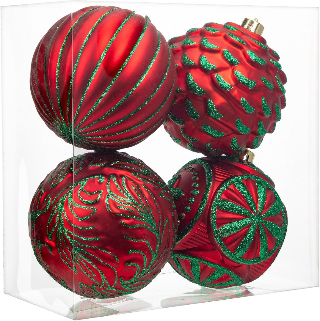 Hollyone 4.7 Inch Large Red and Green Christmas Ornaments 4Pcs Christmas Tree Balls Ornaments Shatterproof Christmas Ornaments for Xmas Tree Decor Holiday Party Wreath Home Decor (Red & Green, 120mm)