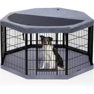 PETIME Dog Playpen,Metal Exercise Puppy Pen Heavy Duty Kennels Yard Fence Indoor/Outdoor 27" W x 32" H 8 Panels Dog Cage with Octagon Top Cover and Bottom Pad
