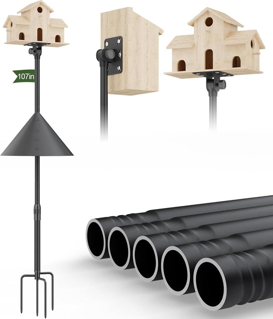 Squirrel Proof Bird Feeder Pole – 107" Heavy Duty Outdoor Bird Feeder Stand, 1-Inch Diameter Rustproof Pole, 180° Manually Adjustable Head, Compatible with Camera Bird Feeders, Easy Install