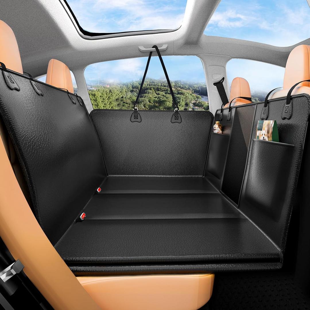 Hard Bottom Dog Car Seat Cover for Back Seat Waterproof Nonslip Hammock Extender for Trucks & SUVs, Heavy Duty Pet Protector, Black Faux Leather