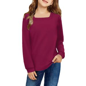 Arshiner Girls Shirt Casual Square Neck Long Sleeve Shirts Fall Winter Tunic Tops For Girls 5-12 Years (10-11 Years, Maroon)