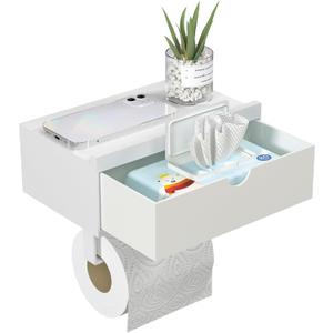 White Toilet Paper Holder with Shelf,Wall Mount/Adhesive Bathroom Toilet Paper Holder,Bamboo Wood Tissue Toilet Roll Holder with Storage Drawer for Organizer Wipes,Fits Any Room