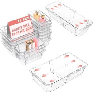 15 Pcs Extendable Clear Drawer Organizer, All Adjustable Vanity Storage Box, 2-Size Desk Drawer Organizer, Acrylic Storage Bins for Makeup, Cosmetic, Bedroom Dressers Tool Organizer for Gadgets (5 Pcs Large + 10 Pcs Medium)