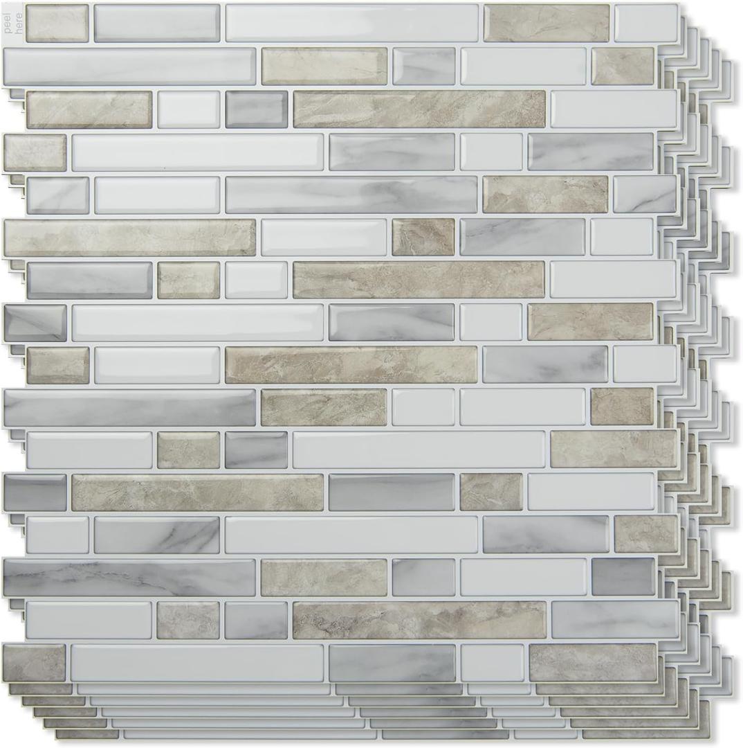 Art3d 10-Sheet Heavy-Duty Peel and Stick Backsplash, Waterproof Wall Tiles Stick on Kitchen Backsplash Living Space, Beige & White, 12 x 12 Inch