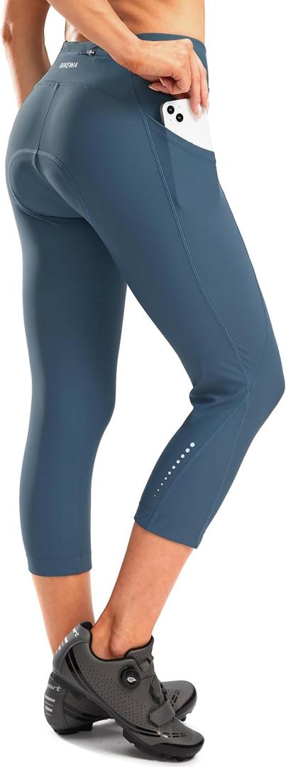 Women's 4D Padded Bike Pants High Waist Cycling Shorts Bicycle Capris 3/4 Biking Tights with Zipper Pockets (X-Large, Blue Grey)