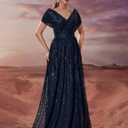 Women's Sequin V-Neck Short Sleeve A-Line Evening Dress Elegant Evening Dresses Party Gowns (Blue, XL)