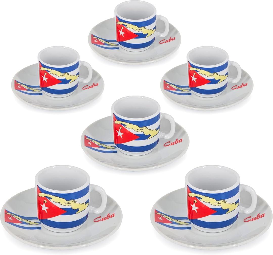 YSSER Cuban Flag Espresso Cup Set, 2.5 oz Cups with Saucers, 12 Piece Set