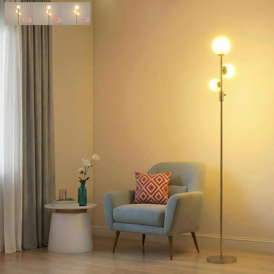 Fiqevs Upgrade Dimmable Floor Lamp, 3 Globe Mid Century Floor Lamps for Living Room with Frosted Glass Shade and 3 LED Bulbs, Vintage Modern Gold Standing Lamp for Bedrooms, Office - Antique Brass