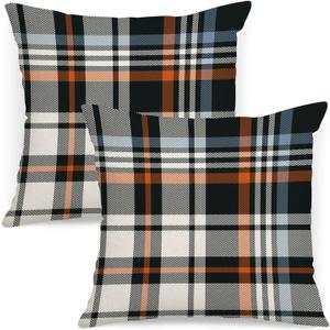 Fall Plaid Pillow Covers 18x18 Set of 2 Black Orange Check Plaid Tartan Gingham Autumn Themed Decorative Throw Pillows Outdoor Pillowcases Square Farmhouse Cushion Thanksgving Home Decor