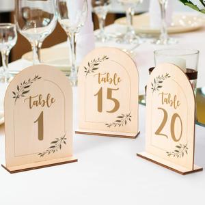 Wedding Table Numbers - 5x7 Inch Double-Sided Arch Signs 1-20, With Wooden Base for Party Table Centerpiece Decoration
