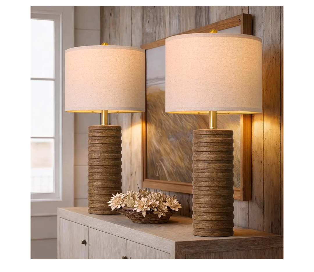 PoKat Farmhouse Table Lamps Set of 2 for Living Room, 27'' Tall Retro Ceramic Bedside Lamps with Linen Lampshade for Bedroom, Vintage Wood-Like Rustic Nightstand Lamp Office Sideboard Hallway (Brown)