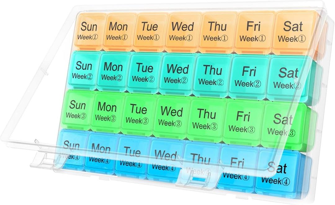 Large Monthly Pill Organizer 28 Day Case Organizerd Extra Large Compartments 4 Week Dust-Proof Pill Case Medication Reminder Portable Travel Container (Orange-Cyanblue-Green-Blue) Large Monthly Pill Organizer 28 Day Case Organizerd Extra Large Compartments 4 Week Dust-Proof Pill Case Medication Reminder Portable Travel Container (Orange-Cyanblue-Green-Blue)
