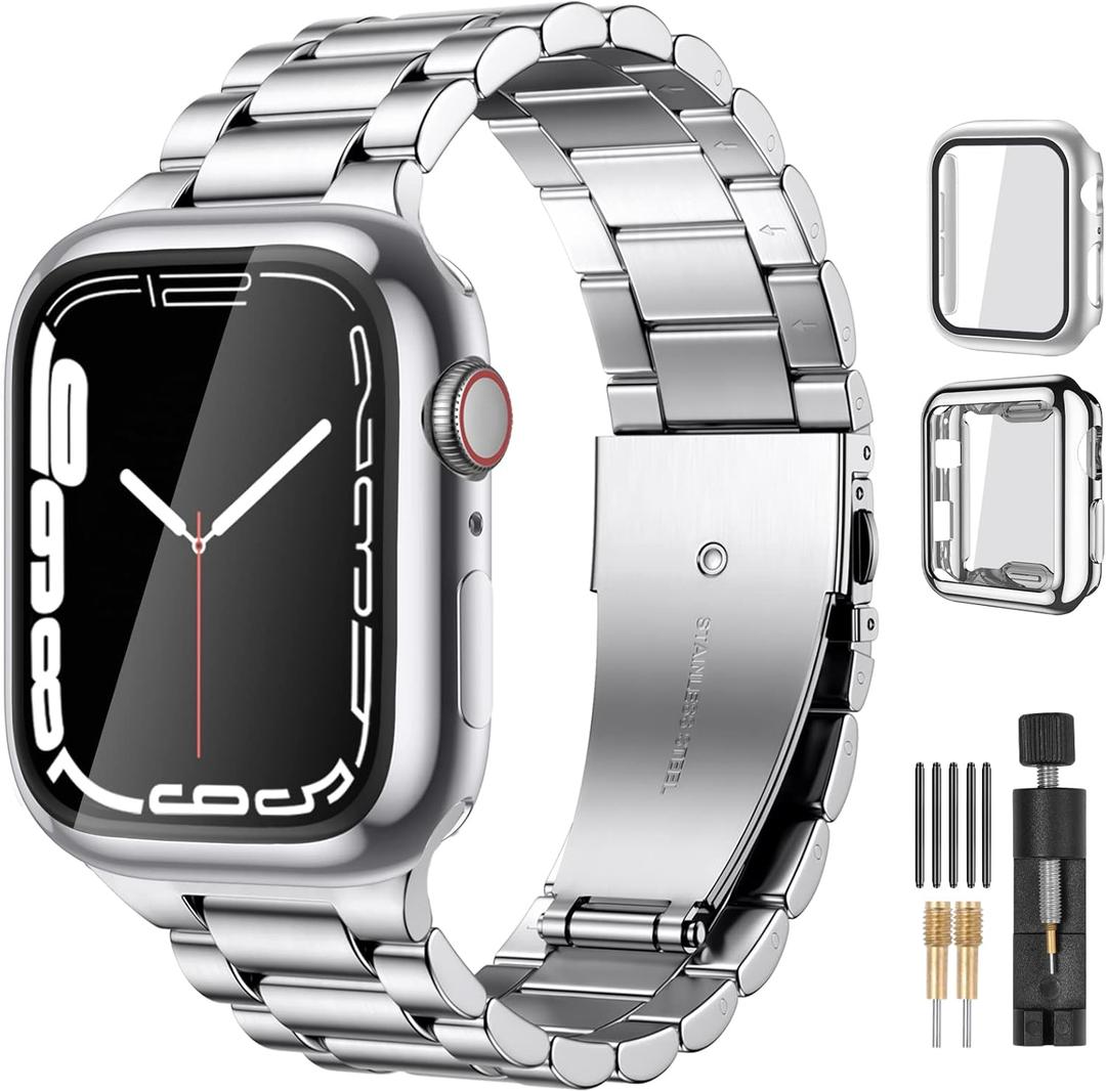 Lerobo Compatible for Apple Watch Band Ultra, Solid Stainless Steel Metal Band with 2 Pack Protective Case for iWtach Series 10 9 8 7 6 5 4 3 2 1 SE Men Women (Sliver), Size: 40mm