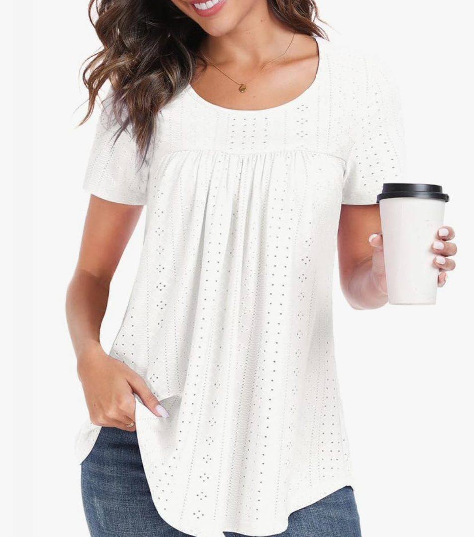 Women's Tunic Tops Loose Fit Short Sleeve Shirts Crew Neck Summer Casual Tops, 2XL, White
