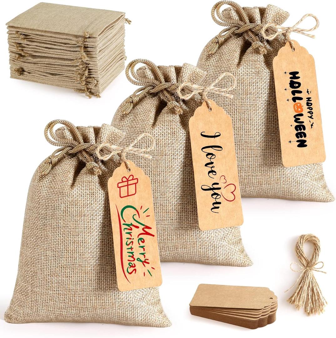 25Set Reusable Burlap Gift Bags with Drawstring, 5x7" Small Party Favor Gift Bags + Bonus Gift Tags & String, Brown Linen Sacks Bag for Wedding Party Favor, Coffee, DIY Craft Sachet Bulk Bags