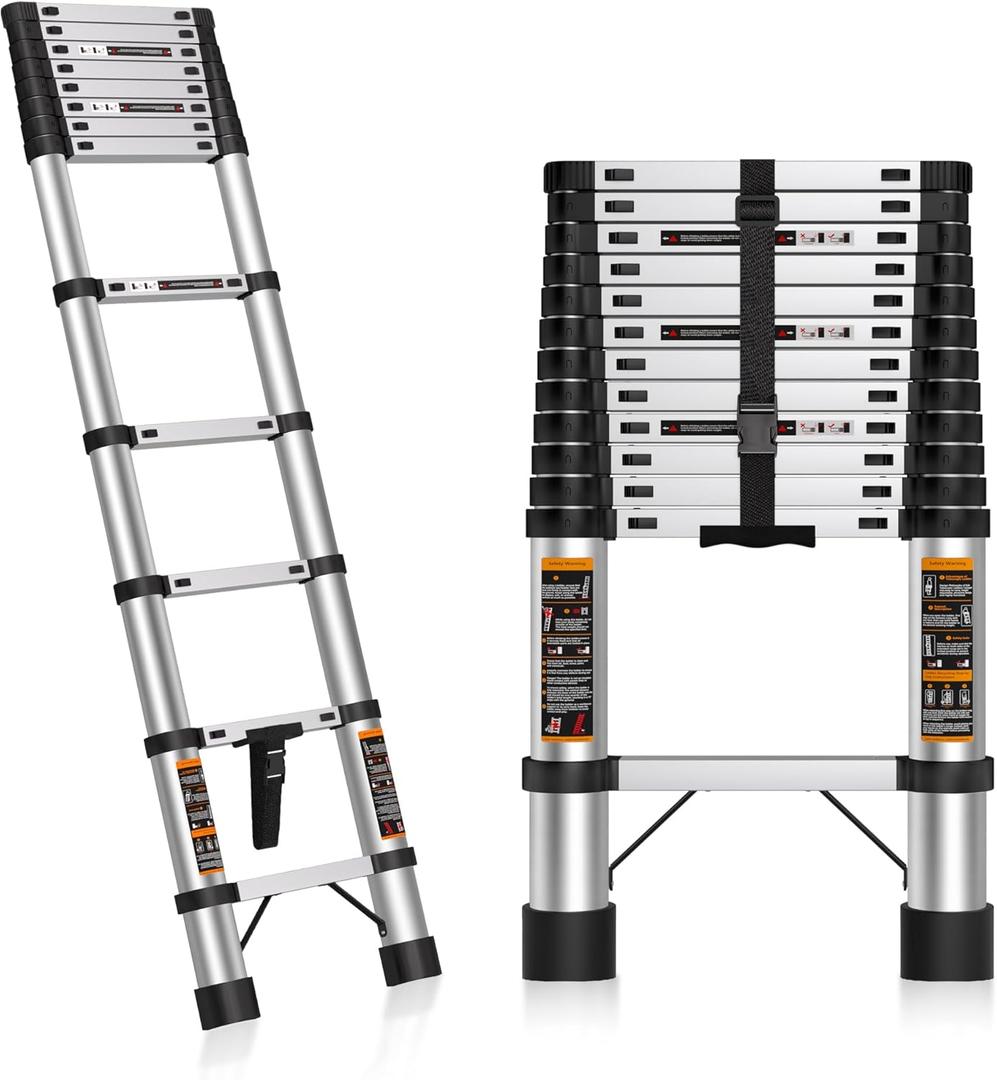 Telescoping Ladder 12.5 FT Telescopic Ladders Stainless Steel Extension Ladder with Triangle Stabilizers, Portable Collapsible Extendable Ladder for Home,RV,Outdoor Work,330lbs Max Capacity