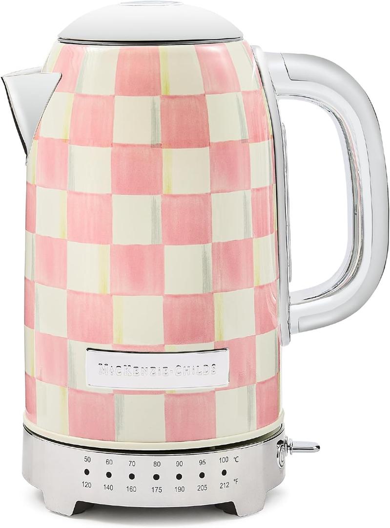 MACKENZIE-CHILDS Electric Kettle, Stainless-Steel Tea Kettle, Pink-and-White Rosy Check