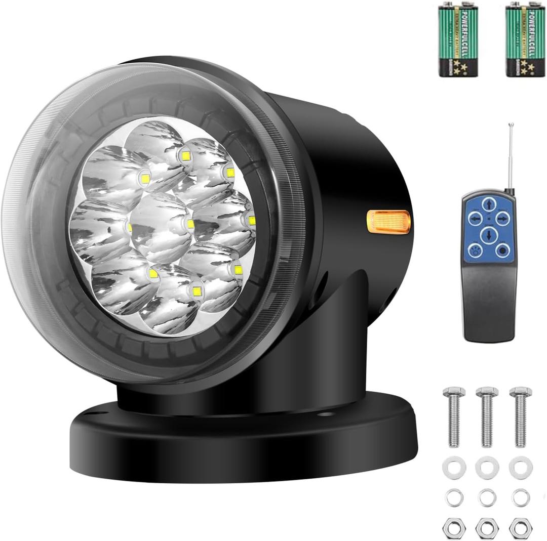 Remote Control Search Spotlight for Truck, 60W 6000lm Boat LED Auto Reset Rotating Backup Lamp, 360 Rotating Car Roof Top Marine Go Outdoor Searchlight with Wireless Remote, 6 Powerful Magnets (Black)
