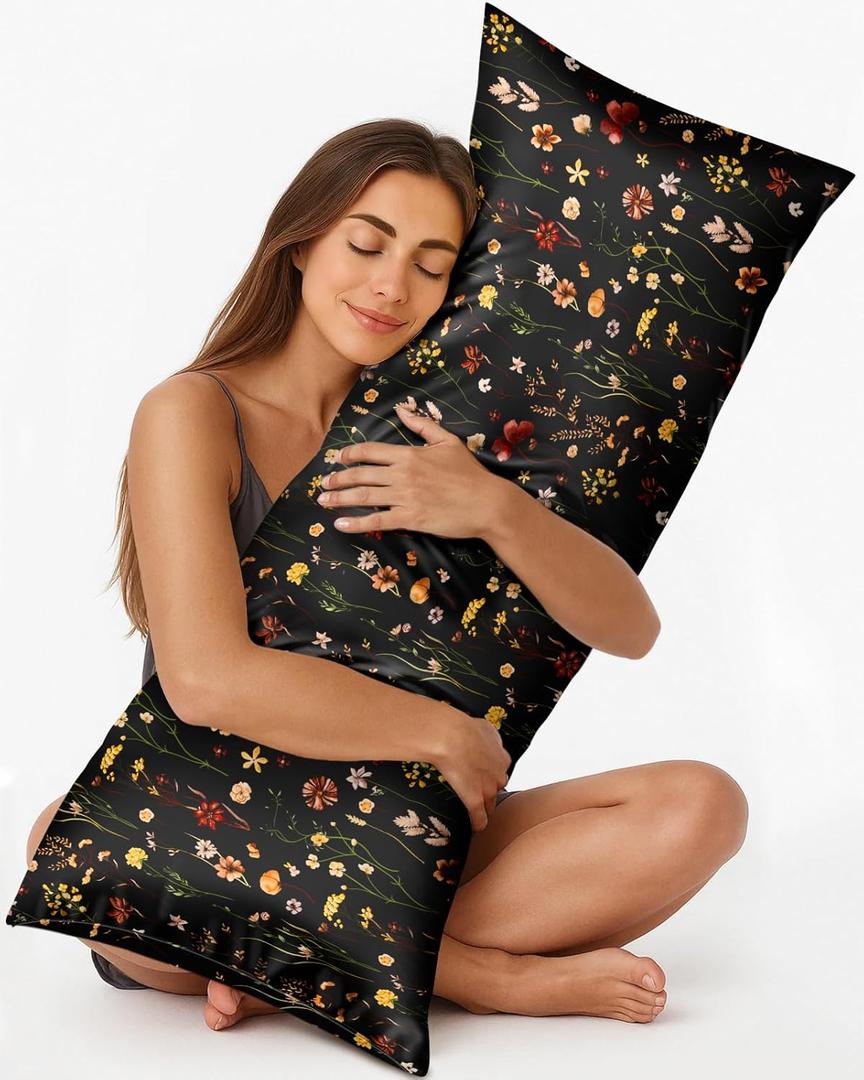 Miss Adola Silk Body Pillow Cover with Zipper - 20x54 Inch Silk Long Pillow Case for Women Ladies Adults Soft Bed Decorative Cute Boho Large Body Pillowcase Sham for Hair and Skin, Black Grow Flower