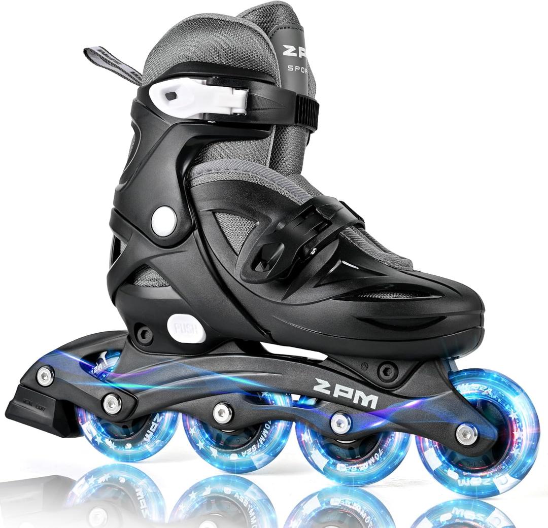 2PM SPORTS Inline Skates with Light Up Wheels, Roller Skates Blades for Boys Girls Kids Ages 5-8 8-12 4-6 6-12, Size Adjustable Beginner Blades Roller Skates (Medium - Big kid (13C-3Y US), Black & Gray)