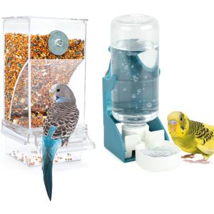 Rypet No Mess Bird Water Feeder Dispenser Set Automatic Bird Feeder Transparent Food Container Cage Acrylic Parrot Feeders Accessories for Small Birds Parrot Cockatoo Canary (Feeder + Drinking Bottle)