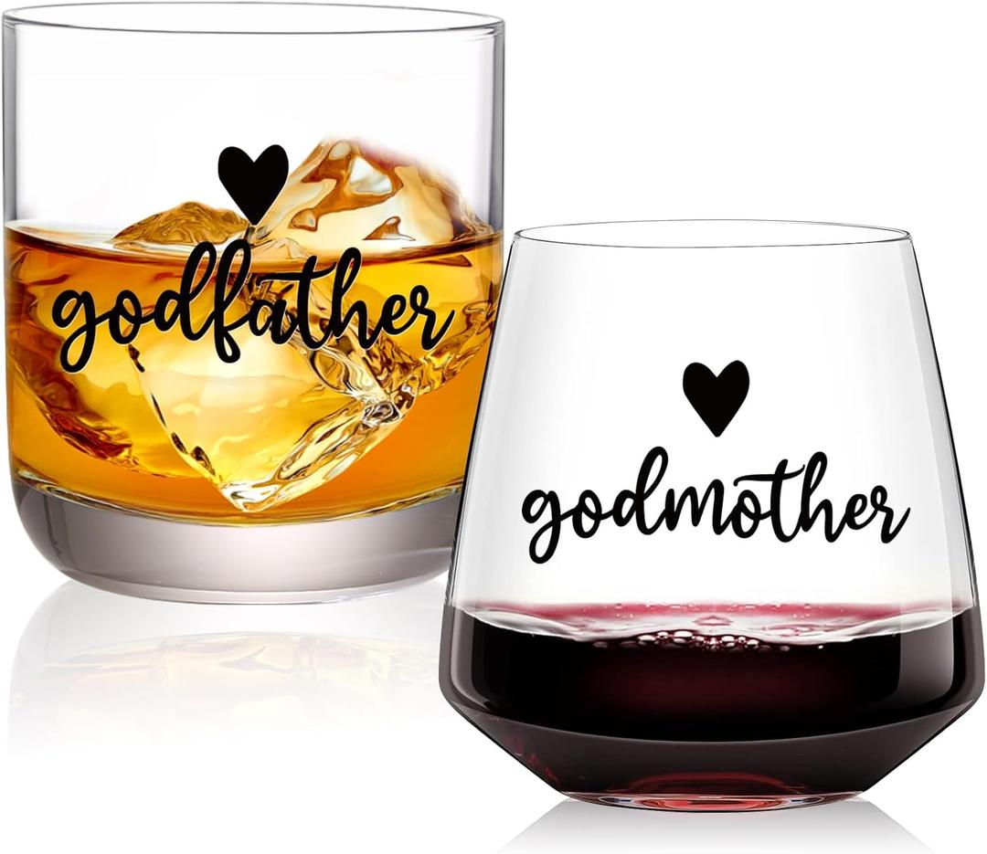 Physkoa Godparents Proposal Gift Will You Be My Godparents Wine and Whiskey Glass Set Godmother and Godfather Proposal Gifts, Godmother & Godfather Gift for Baptism or Christening