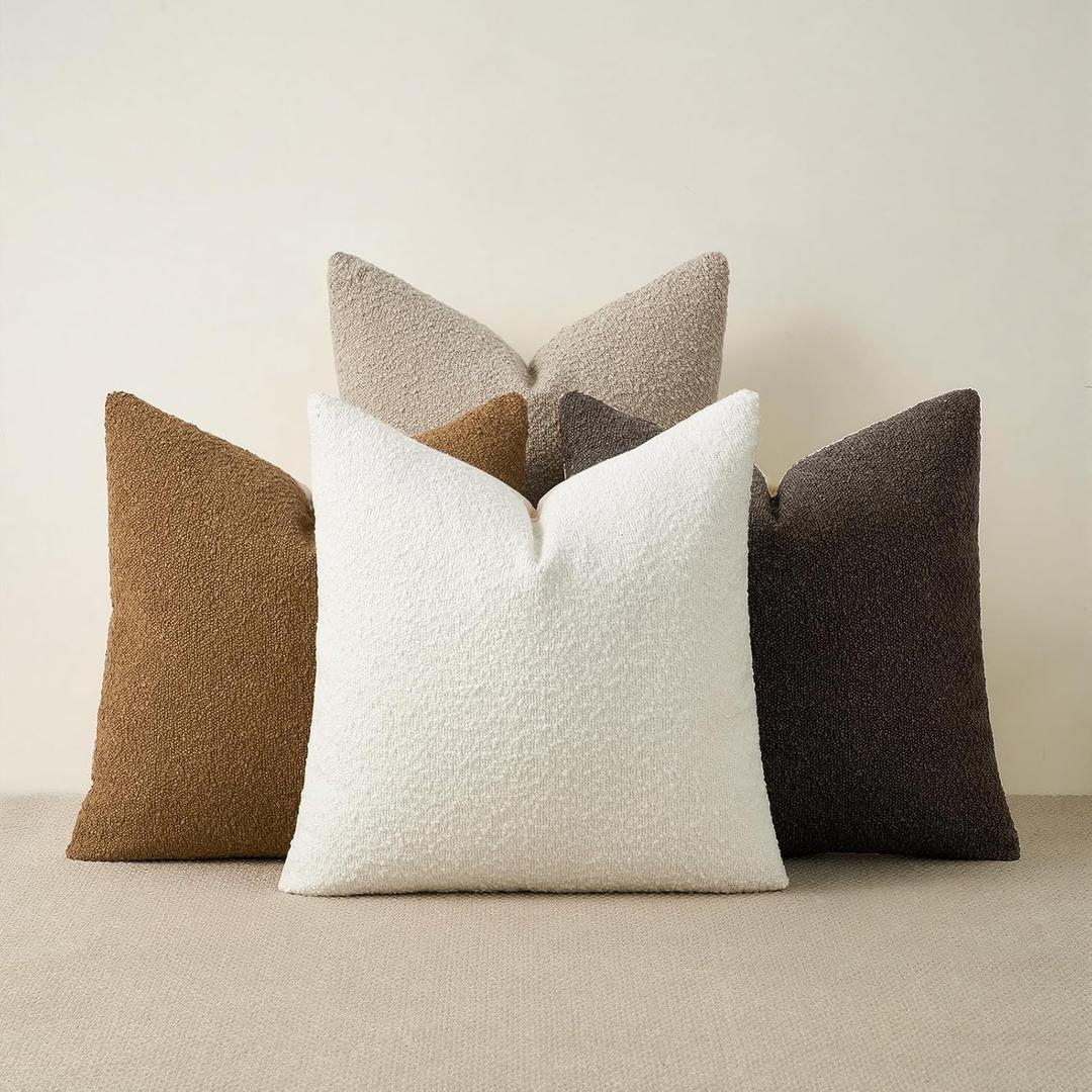 Topfinel 20x20 Inches Boucle Decorative Pillow Covers in Gold Brown with Linen Cotton Back Solid Pillowcase Soft Textured Modern Cushions for Warm Farmhouse & Autumn Home Styling, 4-Pack