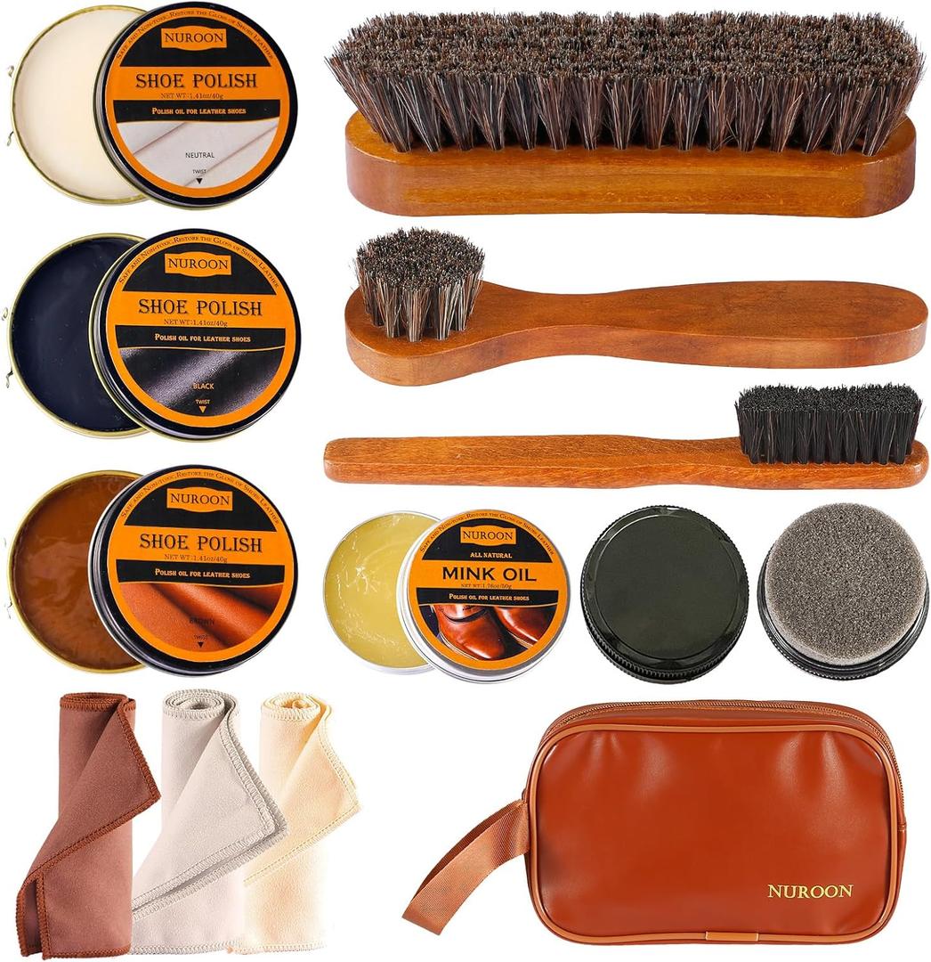 13Pcs Shoe Care Kit for Men & Women,3 Horsehair Shoe Polish Brush,Black Brown Neutral Mink Oil for Shoes,Care for Leather Boots, Shoe Cleaning Kit as Gift for Men with Shine Sponges & Care Cloth