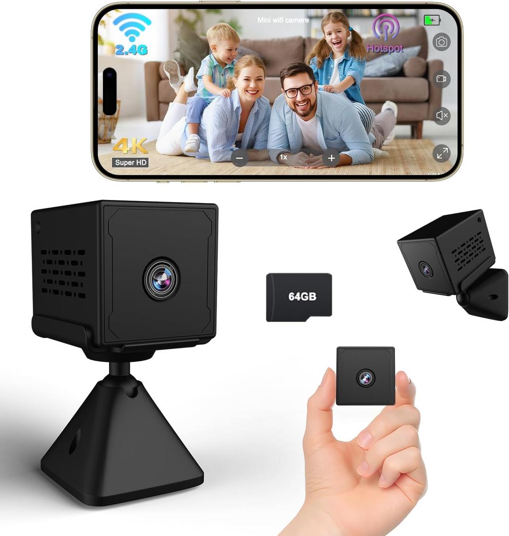Spy Camera,, 4K Full HD WiFi/No WiFi Security Camera, Mini Camera Wireless with 64GB TF Card, 2000mAh Large Battery, Clear Night Vision, AI Motion Detection, Mini Camera Spy for Indoor/Outdoor Use (Black)