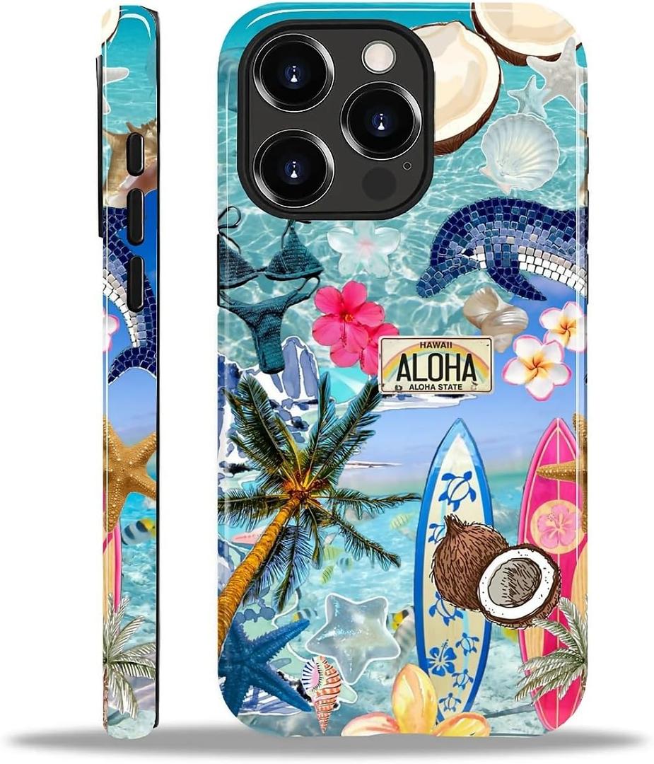 Case for iPhone 15 Pro Max, Hybrid Heavy Duty 2 in 1 Full Body Rugged Shockproof Protection Glossy Case for iPhone 15 Pro Max - Coconut Ocean Inspired Style