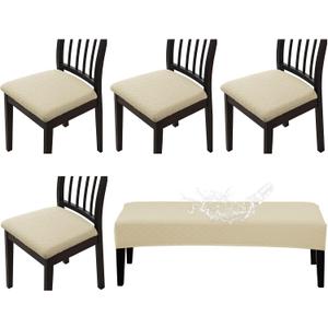 CALBODE Waterproof Seat Covers Set of 4 with Stretch Bench Slipcover, Removable Dining Chair Cushion Slipcovers for Home, Restaurant, Banquet,Washable Kitchen Chair Seat Cushion Protector(Beige, 5PCS)