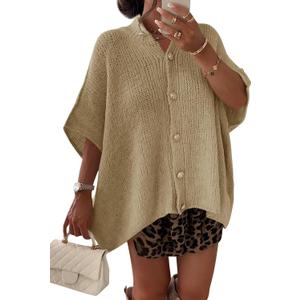 Saodimallsu Womens Oversized Cardigan Sweaters Short Sleeve Button Down Casual Lightweight Loose Knit Trendy Cardigans (Beige)