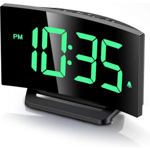 GOLOZA Digital Alarm Clock for Bedroom, Digital Clock with Modern Curved Design, Conspicuous LED Numbers, 5 Levels Brightness+Off, 2 Volume, 3 Alarm Tones, Snooze, Power-Off Memory, 12/24H