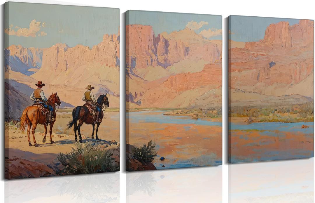 Frswuset 3Pcs Western Cowboy Canvas Wall Art Vintage Cowboy Pictures Wall Decor Desert Landscape, Rodeo Horseback Posters Riding Equestrian Prints Decor for Living Room Bedroom 16x24inFramed