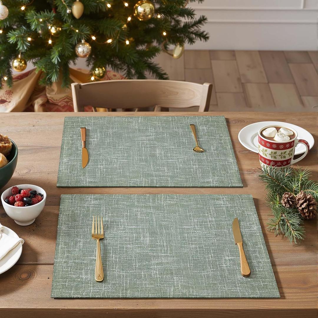 JINCHAN Burlap Textured Placemats Set of 4 Christmas Farmhouse Cloth Place Mats Table Mats Sturdy Fabric Placemats for Kitchen Dining Table Double Layer Tablemats 13 x 19 Inch Sage Green (Thick Burlap | Grey)