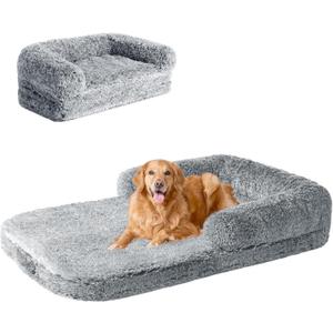 EHEYCIGA Foldable XXL Dog Bed for Large Sized Dog, 54"x38"x7.5" Faux Fur Fluffy Pet Couch Bed, Orthopedic Calming Memory Foam Big Pet Bed, Washable Pet Sofa Bed with Non-Slip Bottom, Grey