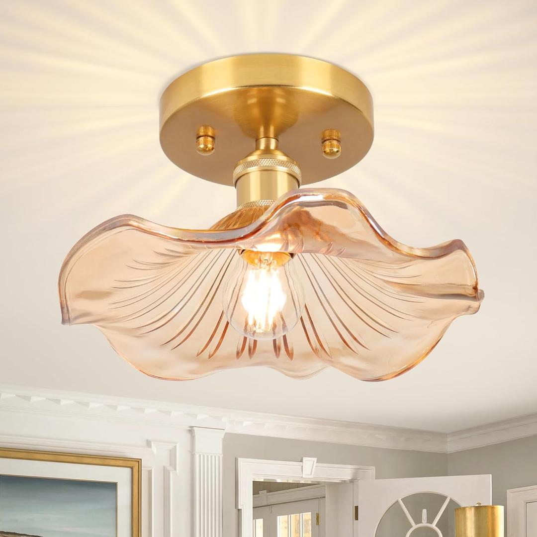 Semi Flush Mount Ceiling Light,Flower Amber Glass Ceiling Lighting 8.8" E26 Porch Ceiling Light Fixtures for Closet Hallway Kitchen Dining Room