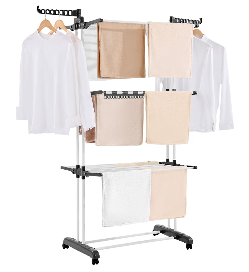 VEVOR Clothes Drying Rack, 4-Tier Foldable Laundry Dryer Rack, Metal Drying Racks with 24 Drying Rods, Free-Standing and Portable Hanger with 4 Castors and Two Side Wings for Outdoor & Indoor Use
