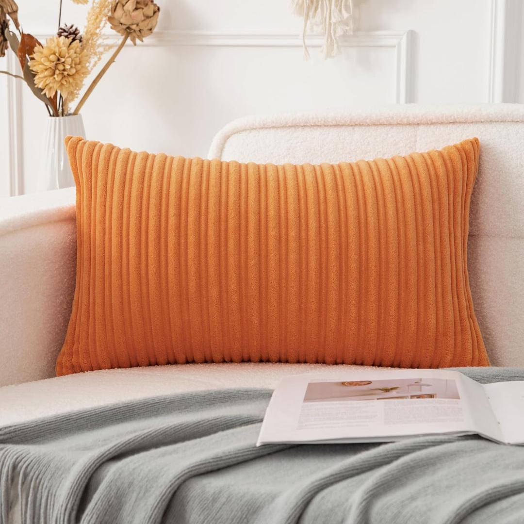 UGASA Fall Decorative Soft Velvet Stripe Lumbar Pillow Cover 1 Pack Solid Corduroy Textured Euro Oblong Cushion Case for Couch Bedroom Sofa Farmhouse, 12x20 Inch, Orange
