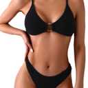 ZAFUL Women's Sexy Triangle Bikini Set O Ring Linked Two Piece Swimsuits Textured Ruched Cheeky Bathing Suit Black M