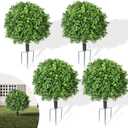 4 Pack Artificial Boxwood Panels with Spike,24" UV Resistant Faux Boxwood Balls for Outdoor Decor,Weatherproof Fake Shrubs for Front Porch Garden Yard Balcony