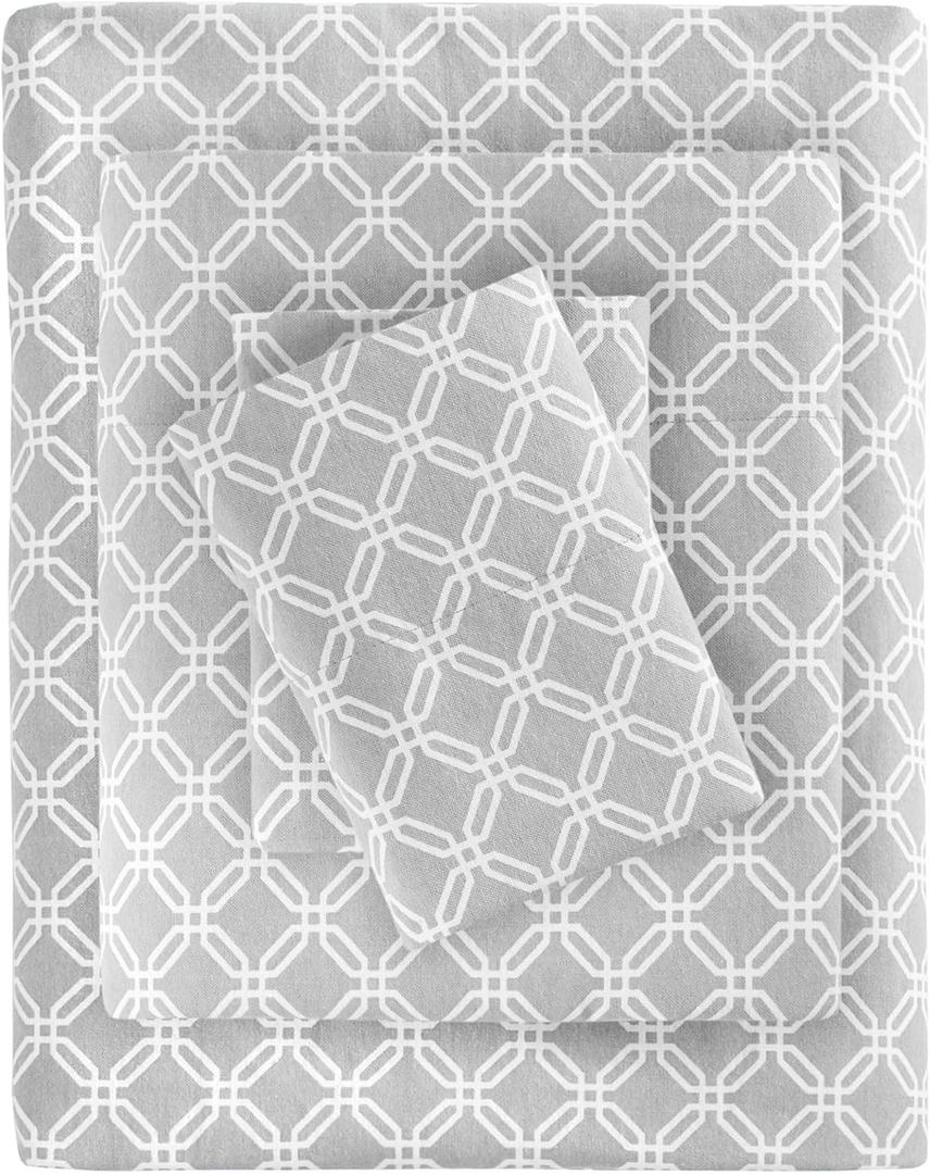 True North by Sleep Philosophy Cozy Flannel Warm 100% Cotton Sheet - Novelty Print Animals Stars Cute Ultra Soft Cold Weather Bedding Set, Twin, Grey Geo 3 Piece