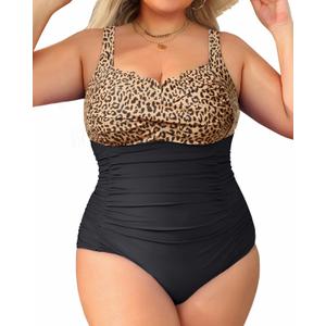 Aqua Eve Womens Plus Size One Piece Swimsuit- Tummy Control Bathing Suit Full Coverage Swimwear, 14 Plus, Brown Lepoard and Black