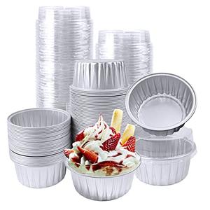 100Pcs Aluminum Cups with Lids,5oz Disposable Ramekin Baking Cups Muffin Liners Mini Pie Pans Foil Cupcake Containers for Christmas Party Wedding,Silver